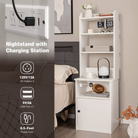 6-Tier Bookshelf Nightstand with Charging Station and Cabinet-Rustic Brown W2B