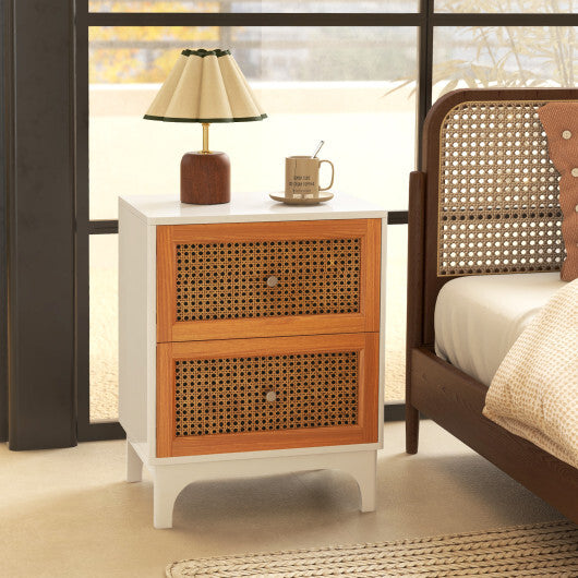Boho Accent Table Nightstand with 2 Handwoven Rattan Decorated Drawers-White W2B