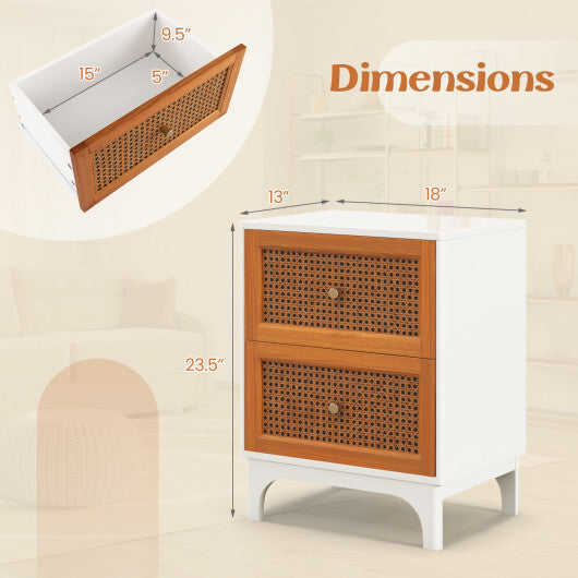 Boho Accent Table Nightstand with 2 Handwoven Rattan Decorated Drawers-White W2B