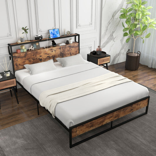Full/Queen Bed Frame with 2-Tier Storage Headboard and Charging Station-Full Size W2B