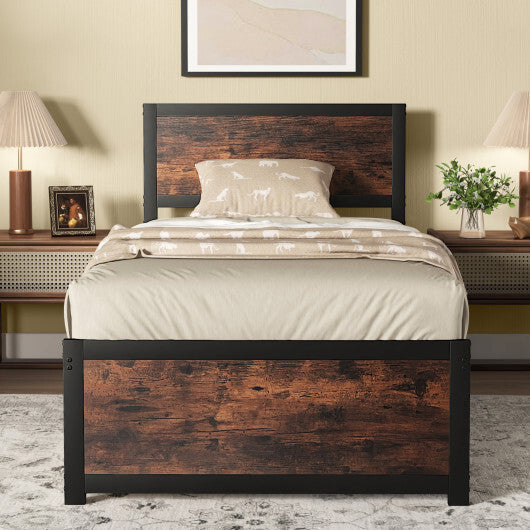 Twin Size Bed Frame Metal with High Headboard and Mute Bars-Twin Size W2B