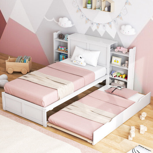 Twin/Full Kids Wooden Platform Bed with Trundle Storage Headboard-Full Size