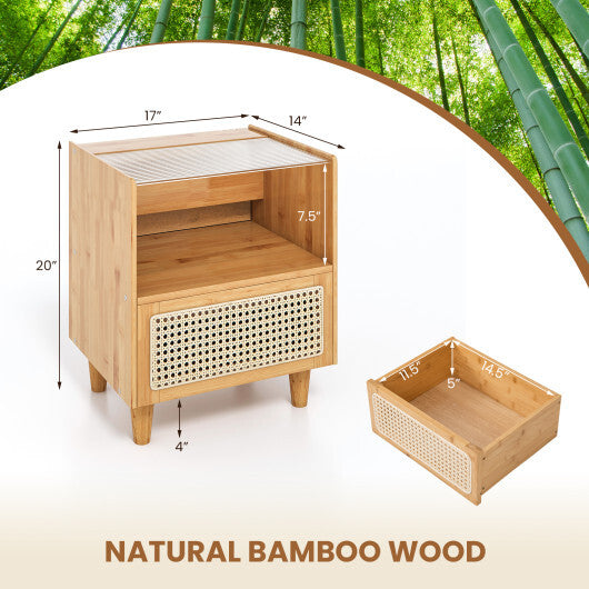 Bamboo Rattan Nightstand with Drawer and Solid Wood Legs-Natural