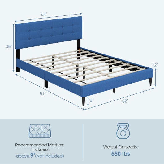 Queen Size Upholstered Platform Bed with Button Tufted Headboard-Blue W2B