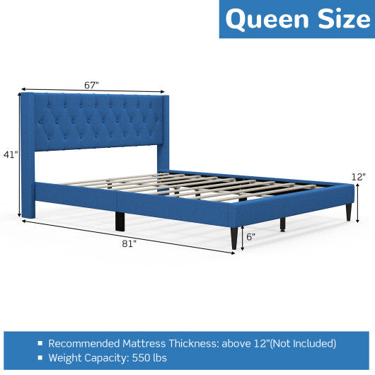 Queen Size Upholstered Platform Bed with Button Tufted Wingback Headboard-Blue W2B