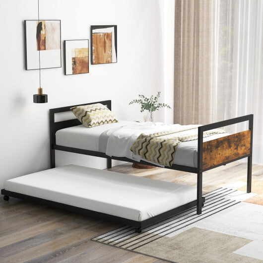 Twin Metal Daybed with Trundle Lockable Wheels-Twin Size W2B