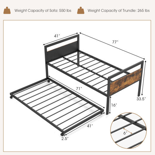 Twin Metal Daybed with Trundle Lockable Wheels-Twin Size W2B