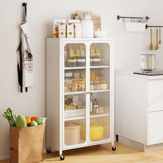 58 Inches Bookcase with Adjustable Shelves and Lockable Wheels-White W2B