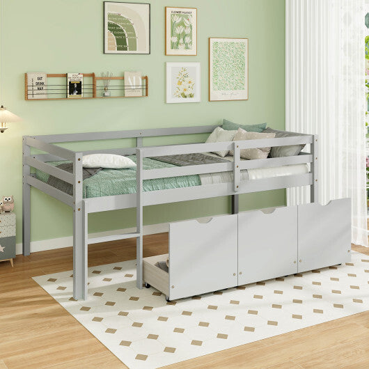 Twin Size Low Loft Bed with 3 Drawers with Ladder and Full-length Guardrails-Gray W2B