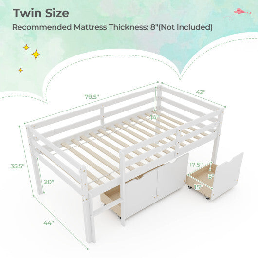 Twin Size Low Loft Bed with 3 Drawers with Ladder and Full-length Guardrails-Gray W2B