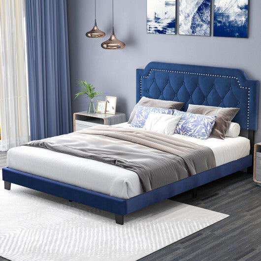 Queen Size Velvet Platform Bed with Button Tufted and Nailhead Trim Headboard-Queen Size W2B