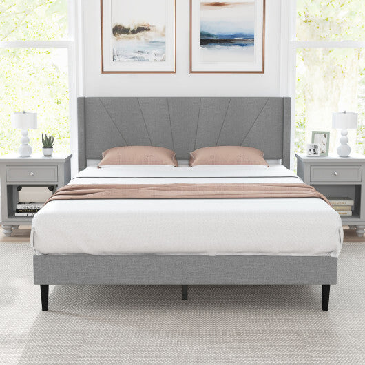 Twin/Queen Bed Frame with Linen Upholstered Wingback Headboard-Twin Size