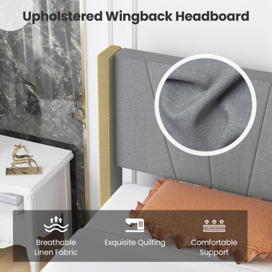 Twin/Queen Bed Frame with Linen Upholstered Wingback Headboard-Twin Size W2B