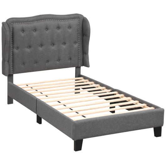 Twin Size Bed Frame with Button Tufted Wingback Headboard and Storage Space-Gray W2B