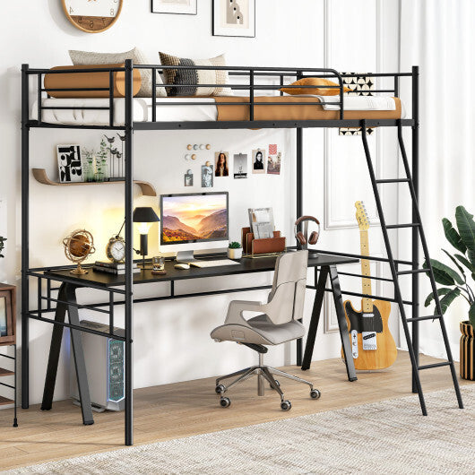 Twin Size Loft Bed Metal Bed Frame with Ladder and Guardrails-Black W2B