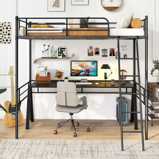 Twin Size Loft Bed Metal Bed Frame with Ladder and Guardrails-Black W2B