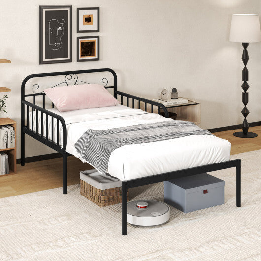 Extendable Metal Daybed to Twin Size Bed with Guardrails and Armrests-White W2B