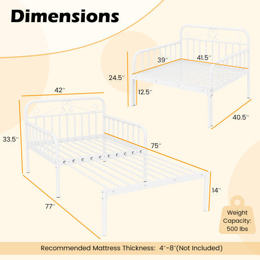 Extendable Metal Daybed to Twin Size Bed with Guardrails and Armrests-White W2B