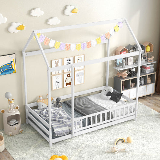 Twin Size Kids House Bed Wooden Floor Bed with Roof and Full-length Safety Guardrail-White W2B