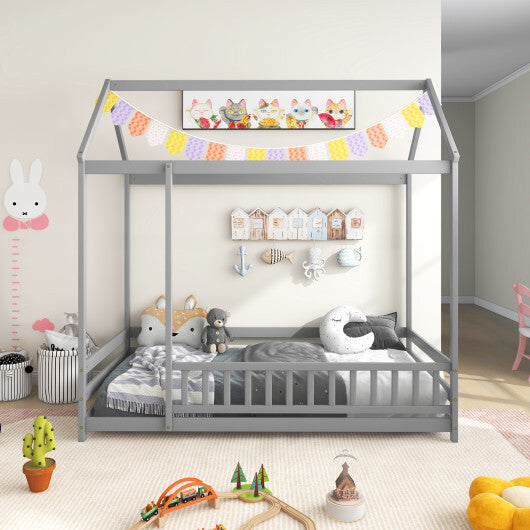 Twin Size Kids House Bed Wooden Floor Bed with Roof and Full-length Safety Guardrail-White W2B