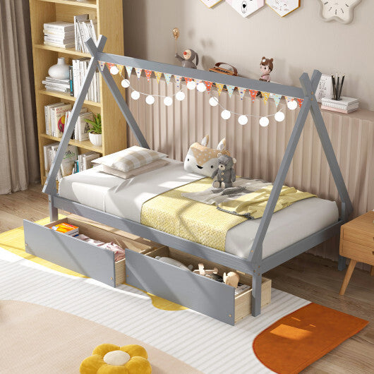 Twin Size Wooden Tent Platform House Bed with 2 Drawers-Gray W2B