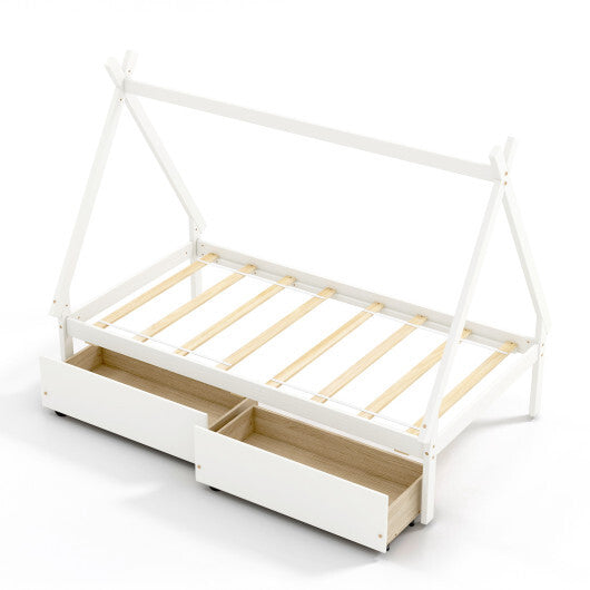 Twin Size Wooden Tent Platform House Bed with 2 Drawers-Gray W2B