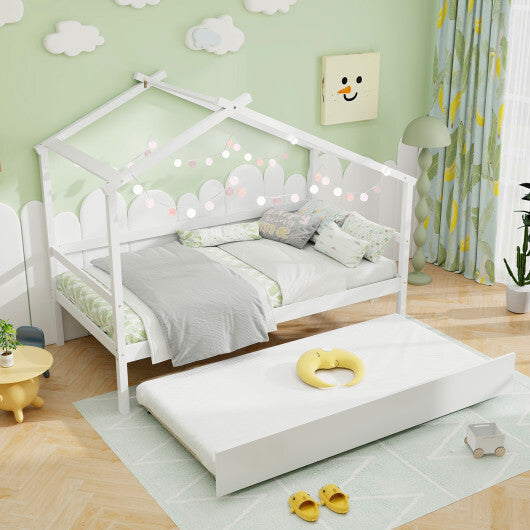 Kids Twin Size House Bed with Trundle and Roof-White W2B