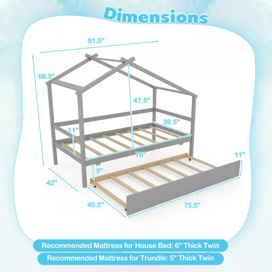 Kids Twin Size House Bed with Trundle and Roof-White W2B