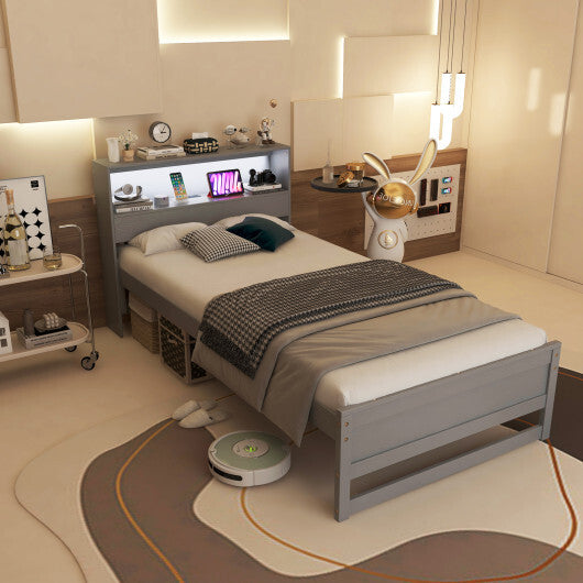 Twin Size Bed Frame with Storage Headboard and Charging Station-Gray W2B