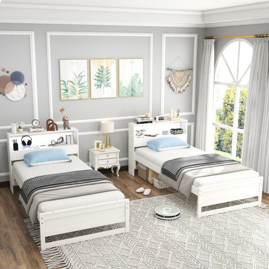 Twin Size Bed Frame with Storage Headboard and Charging Station-Gray W2B