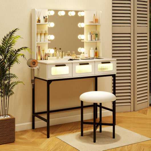 Bedroom Makeup Vanity Desk with Hollywood Mirror and Lights-White W2B