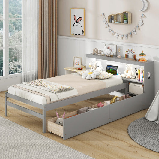 Twin Size Bed Frame with LED Light and Bookcase Headboard-Gray W2B
