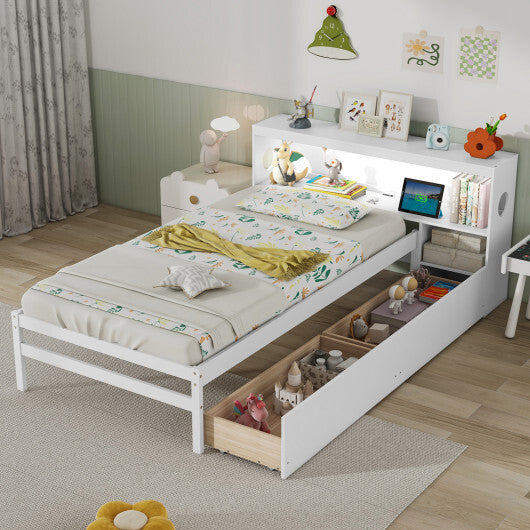 Twin Size Bed Frame with LED Light and Bookcase Headboard-Gray W2B
