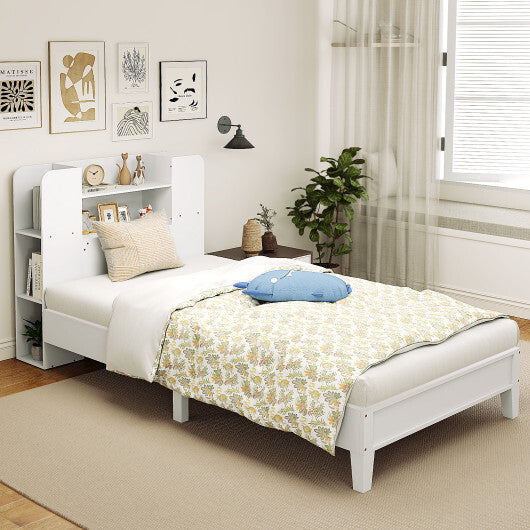 Twin Size Wooden Platform Bed Frame with Bookcase Headboard-White W2B