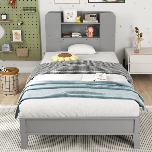 Twin Size Wooden Platform Bed Frame with Bookcase Headboard-White W2B