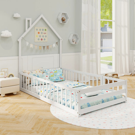 Twin Size Montessori Floor Bed with Lockable Door and Full-Length Guardrail-Gray W2B