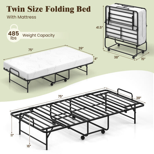 75 x 38 Inch Folding Bed with Mattress Twin Size Rolling Guest Bed