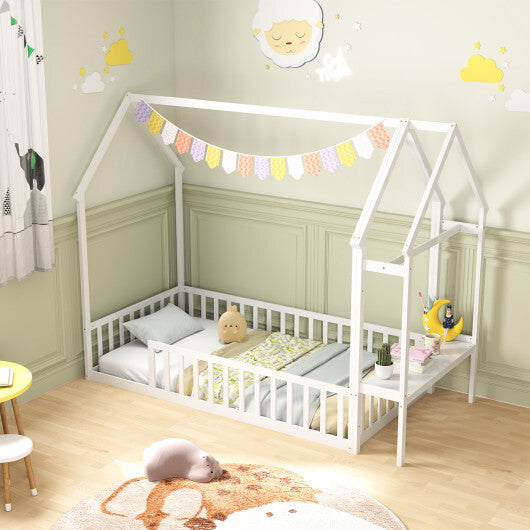 Twin House Floor Bed Montessori Bed Frame with Storage Shelf-White W2B