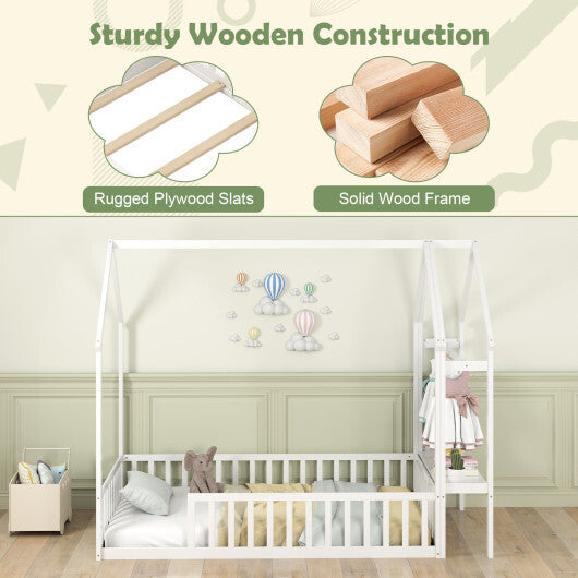 Twin House Floor Bed Montessori Bed Frame with Storage Shelf-White W2B