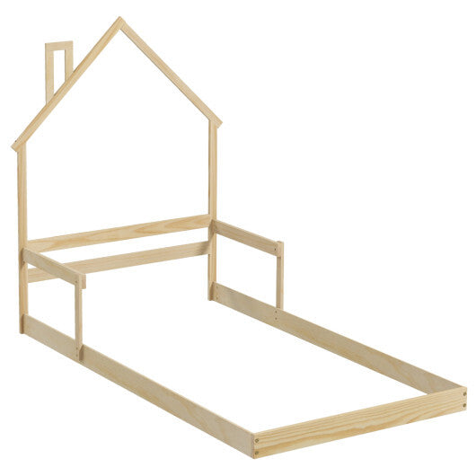 Twin Size Floor Bed with Chimney and Headboard and Handrail-Gray W2B