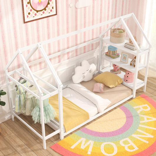 Twin Size Montessori Floor House Bed with Detachable Storage Shelves-Grey W2B
