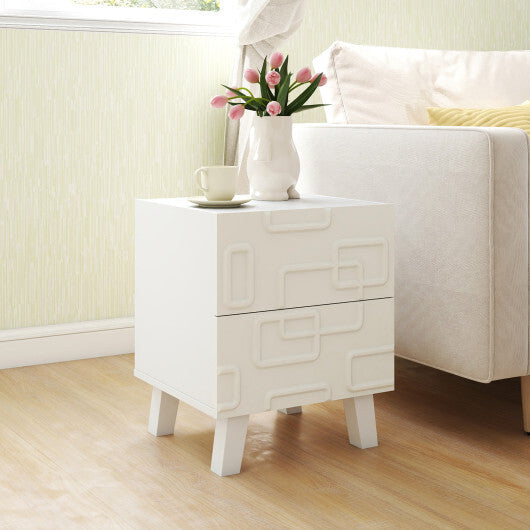Modern Nightstand Side Table with Drawers and 3D Geometric Patterns-White W2B