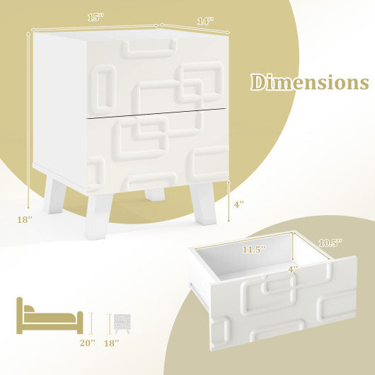 Modern Nightstand Side Table with Drawers and 3D Geometric Patterns-White W2B