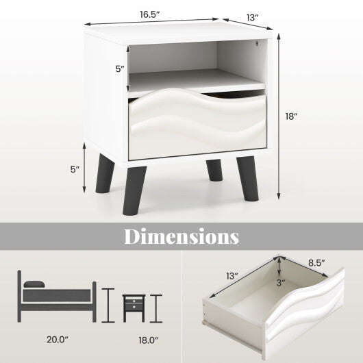 Nightstand Mid Century Modern Bedside Table with 3D Wavy Pattern and Open Shelf-White W2B