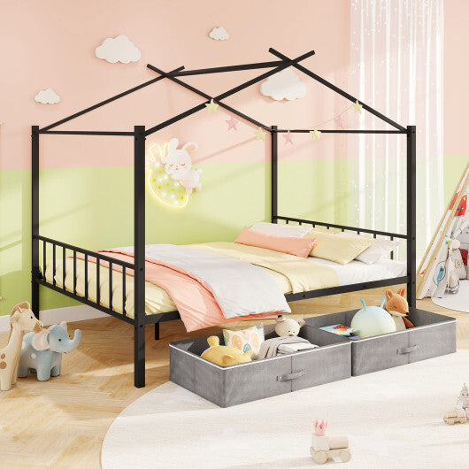 Full Size Metal House Bed with 2 Fabric Drawers for Kids-Black W2B