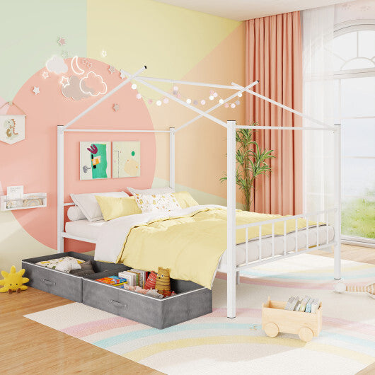 Full Size Metal House Bed with 2 Fabric Drawers for Kids-Black W2B