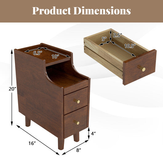Solid Wood End Table Narrow Bedside Table with Pull-out Tray and 2 Storage Drawers-Brown