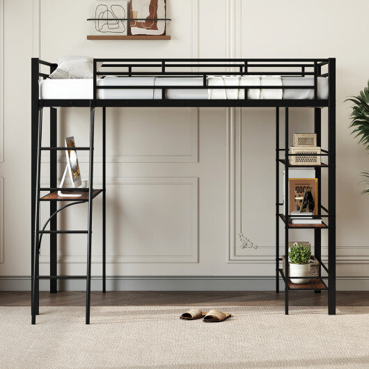 Twin Size Loft Bed with Desk and Shelves for Kids and Home-Black W2B