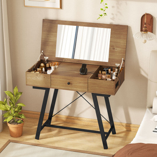 Vanity Desk with Flip Top Mirror Makeup Dressing Table-Rustic Brown W2B