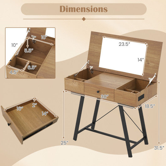 Vanity Desk with Flip Top Mirror Makeup Dressing Table-Rustic Brown W2B